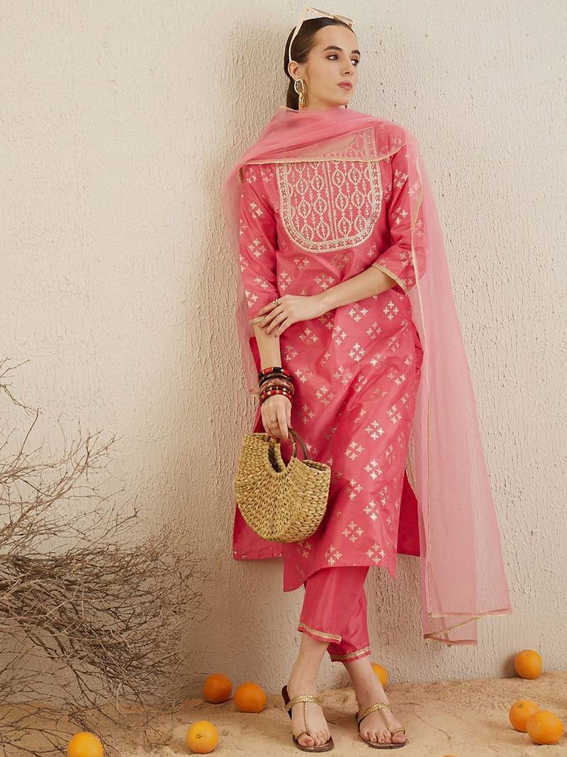 Printed Regular Kurta with Trousers & Dupatta