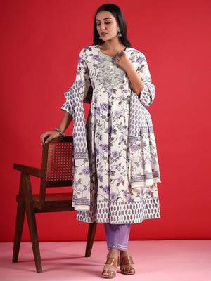 floral printed thread work  cotton kurta with trouser & dupatta 1