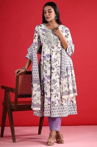 floral printed thread work  cotton kurta with trouser & dupatta