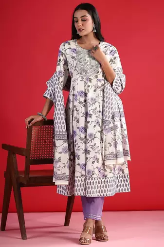 floral printed thread work  cotton kurta with trouser & dupatta