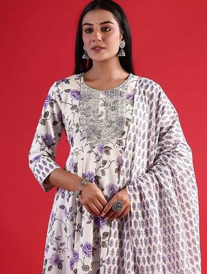 floral printed thread work  cotton kurta with trouser & dupatta 2