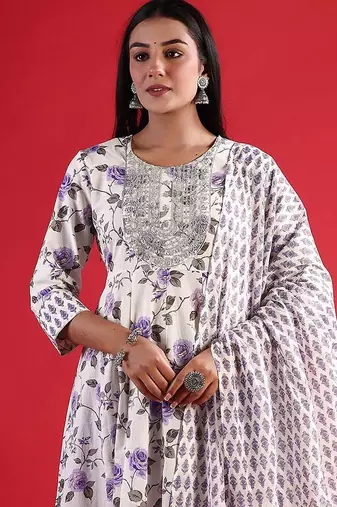 floral printed thread work  cotton kurta with trouser & dupatta