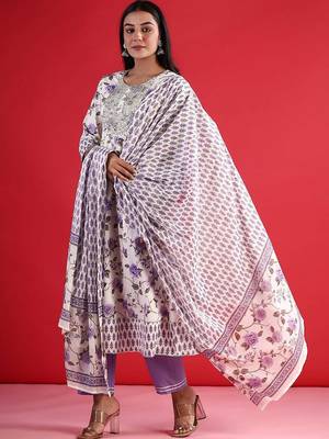 floral printed thread work  cotton kurta with trouser & dupatta 3