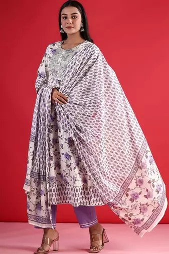floral printed thread work  cotton kurta with trouser & dupatta