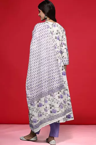 floral printed thread work  cotton kurta with trouser & dupatta