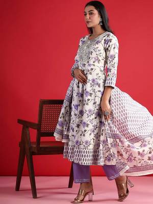 floral printed thread work  cotton kurta with trouser & dupatta 5
