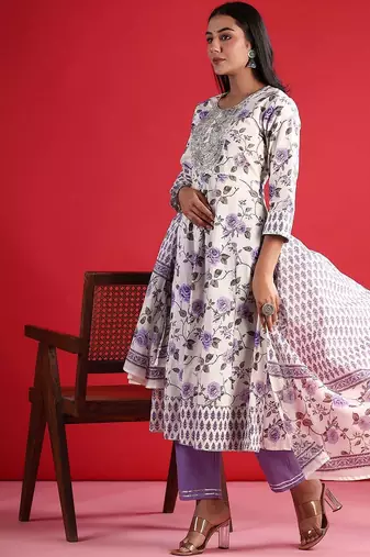 floral printed thread work  cotton kurta with trouser & dupatta