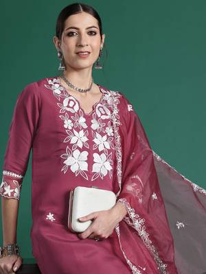 Floral Embroidered Thread Work Kurta with Trousers & Dupatta 2