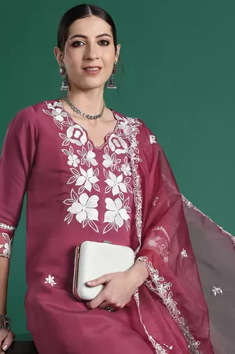 Floral Embroidered Thread Work Kurta with Trousers & Dupatta