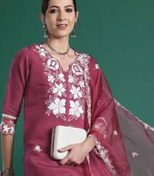 Floral Embroidered Thread Work Kurta with Trousers & Dupatta