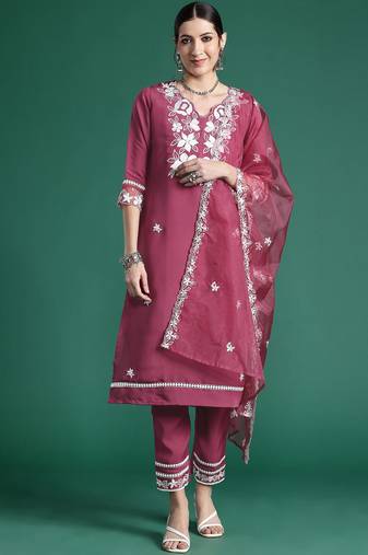 Floral Embroidered Thread Work Kurta with Trousers & Dupatta