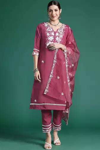 Floral Embroidered Thread Work Kurta with Trousers & Dupatta