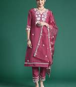Floral Embroidered Thread Work Kurta with Trousers & Dupatta