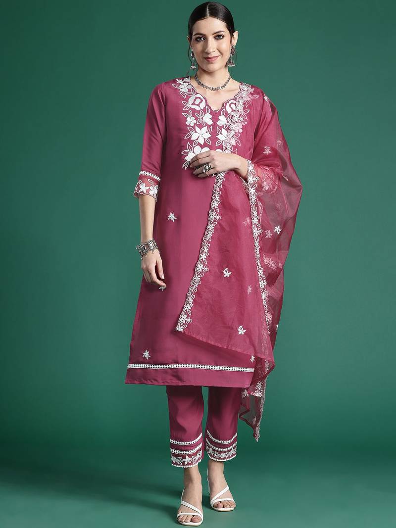 Floral Embroidered Thread Work Kurta with Trousers & Dupatta