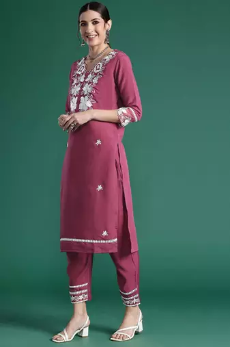 Floral Embroidered Thread Work Kurta with Trousers & Dupatta