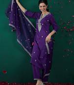 Floral Embroidered Straight Kurta With Trousers & Dupatta
