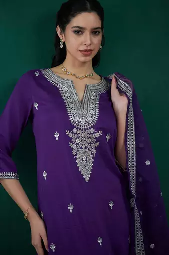 Floral Embroidered Straight Kurta With Trousers & Dupatta