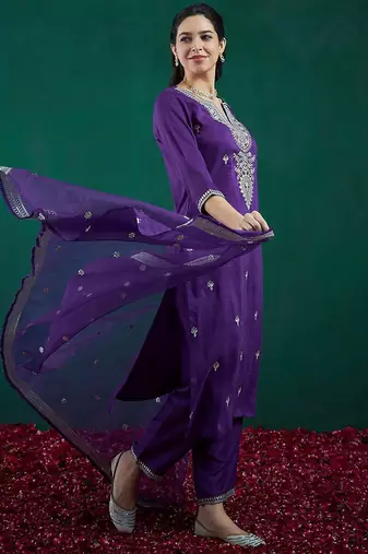 Floral Embroidered Straight Kurta With Trousers & Dupatta