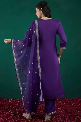 Floral Embroidered Straight Kurta With Trousers & Dupatta