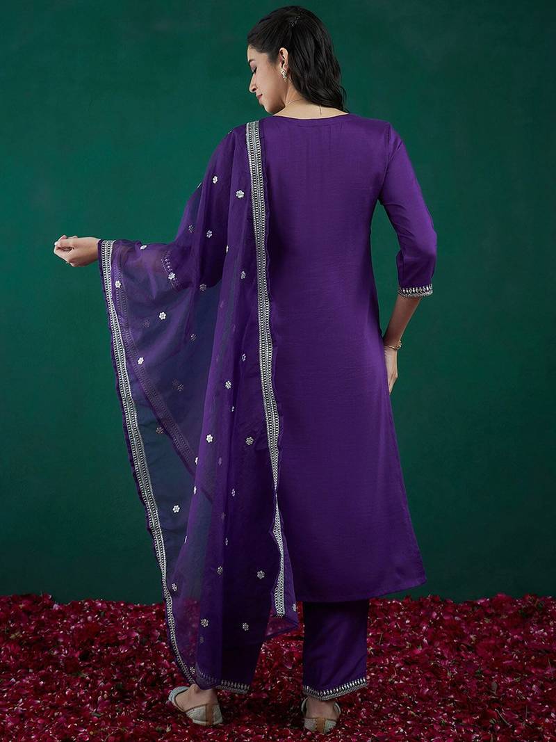 Floral Embroidered Straight Kurta With Trousers & Dupatta