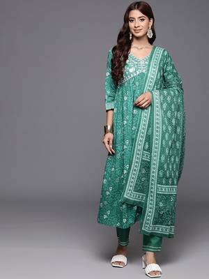 Floral Embroidered Empire Zari Pure Cotton Kurta with Trousers & Dupatta 1