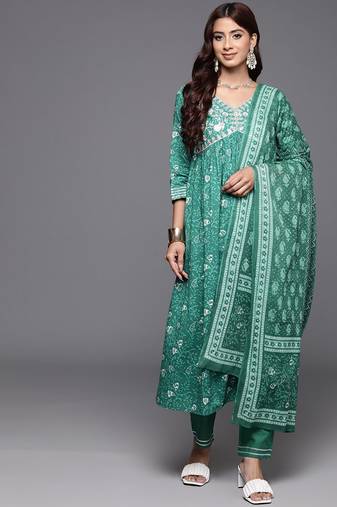 floral embroidered empire zari  cotton kurta with trousers & dupatta