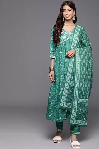 Floral Embroidered Empire Zari Pure Cotton Kurta with Trousers & Dupatta