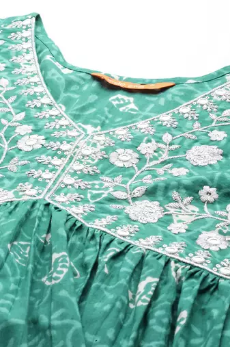 Floral Embroidered Empire Zari Pure Cotton Kurta with Trousers & Dupatta