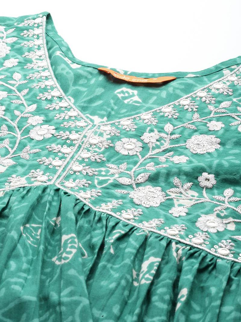 Floral Embroidered Empire Zari Pure Cotton Kurta with Trousers & Dupatta