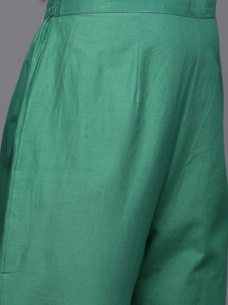 Floral Embroidered Empire Zari Pure Cotton Kurta with Trousers & Dupatta