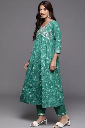 Floral Embroidered Empire Zari Pure Cotton Kurta with Trousers & Dupatta