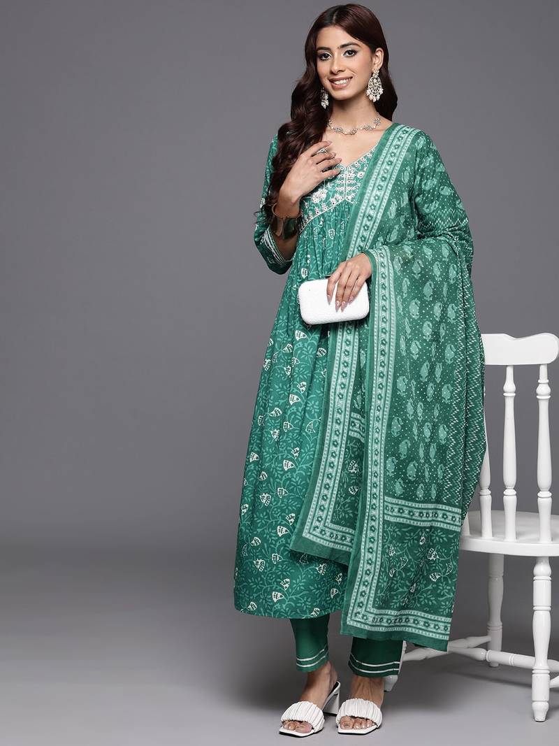 Floral Embroidered Empire Zari Pure Cotton Kurta with Trousers & Dupatta