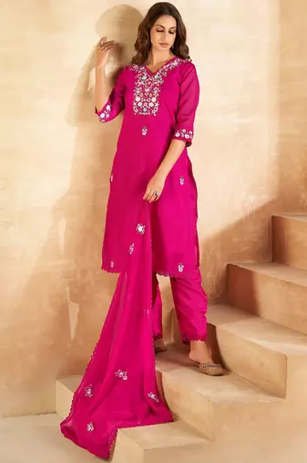 Floral Embroidered Regular Kurta With Trousers & Dupatta