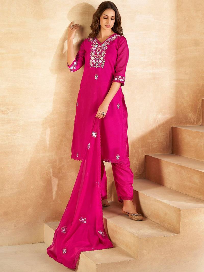 Floral Embroidered Regular Kurta With Trousers & Dupatta