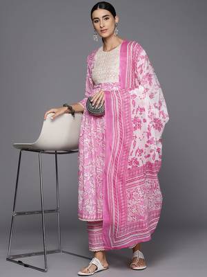 Women Floral Embroidered Empire Pure Cotton Kurta with Trousers & Dupatta 1