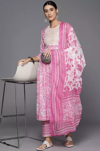 Women Floral Embroidered Empire Pure Cotton Kurta with Trousers & Dupatta