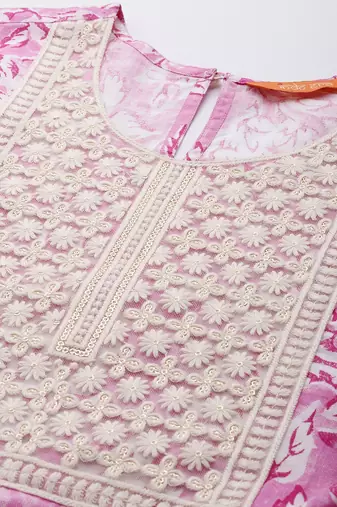 Women Floral Embroidered Empire Pure Cotton Kurta with Trousers & Dupatta
