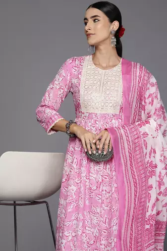 Women Floral Embroidered Empire Pure Cotton Kurta with Trousers & Dupatta