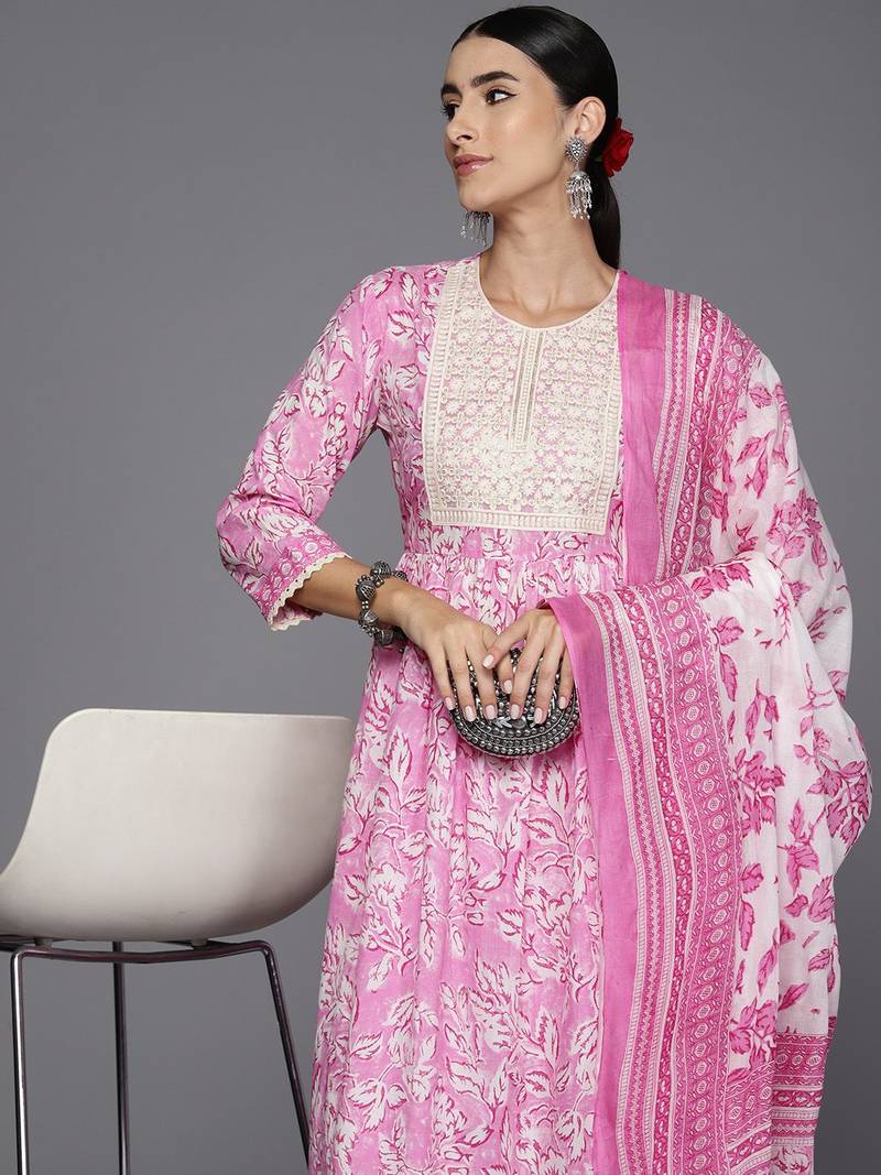 Women Floral Embroidered Empire Pure Cotton Kurta with Trousers & Dupatta