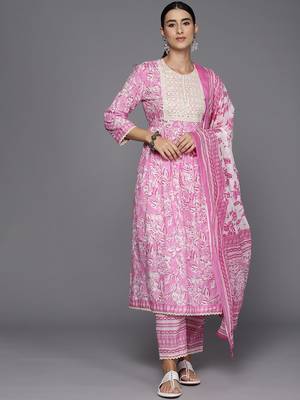 Women Floral Embroidered Empire Pure Cotton Kurta with Trousers & Dupatta 6