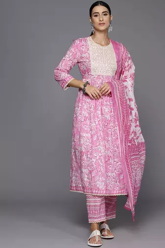 Women Floral Embroidered Empire Pure Cotton Kurta with Trousers & Dupatta