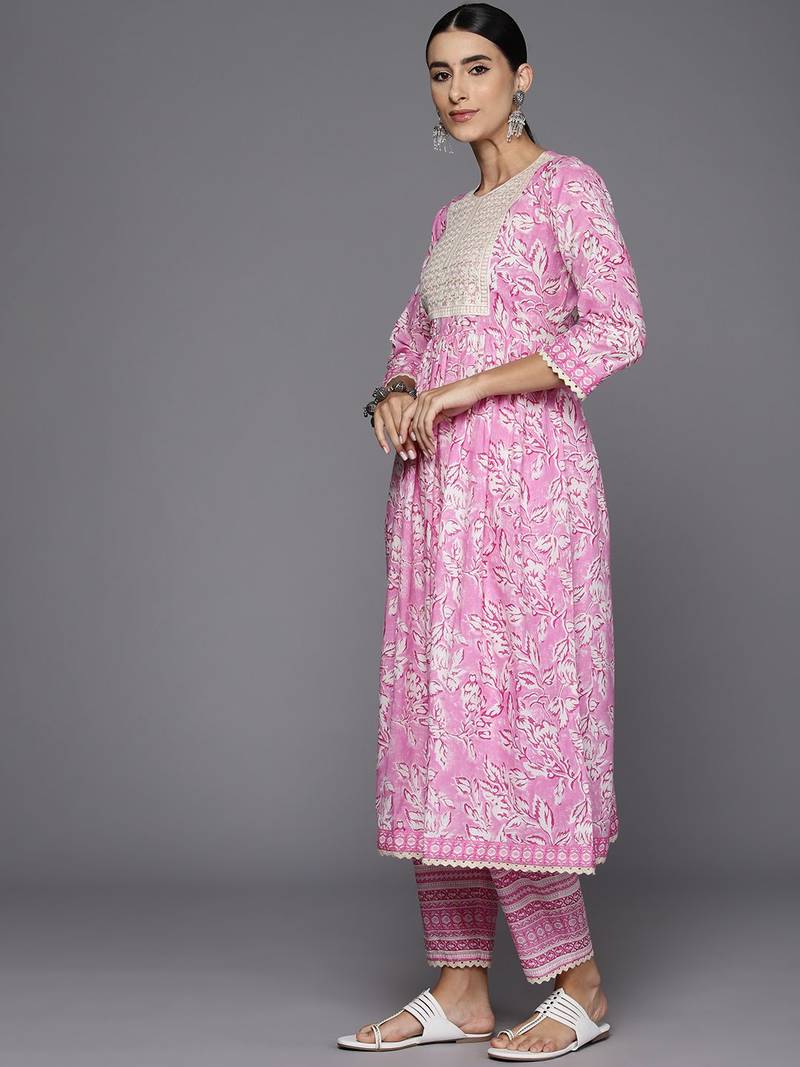 Women Floral Embroidered Empire Pure Cotton Kurta with Trousers & Dupatta
