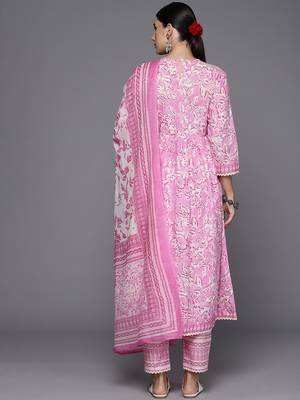 Women Floral Embroidered Empire Pure Cotton Kurta with Trousers & Dupatta 8