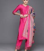 Women Embroidered Regular Thread Work Liva Kurta with Trousers & With Dupatta