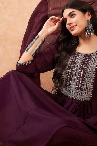Women Yoke Design Empire Sequinned Kurta with Trousers & Dupatta