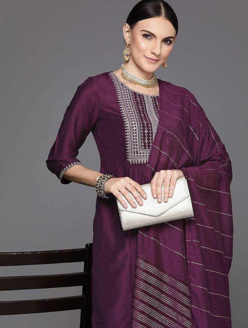 Women Yoke Design Empire Sequinned Kurta with Trousers & Dupatta