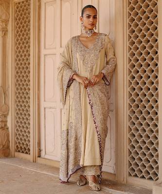 Gold embroidered silk tissue anarkali set 1