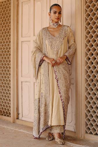 Gold embroidered silk tissue anarkali set