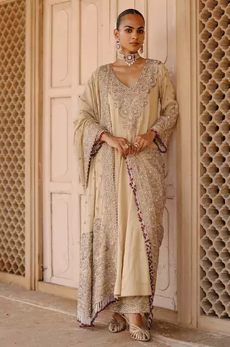 Gold embroidered silk tissue anarkali set