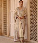 Gold embroidered silk tissue anarkali set